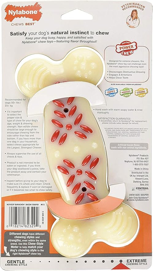 Nylabone Power Chew Action Ridges Chew Toyfor Dogs, Dog Toys for Aggressive Chewers, Bacon Flavor, X-Large - 50+ lbs. (1 Count)