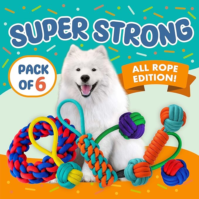 Tough Dog Rope Toys 6 PCS for Aggressive Chewers, Nearly Indestructible Chew Toy, Indoor Outdoor Play for Medium Large Breeds Teething Training