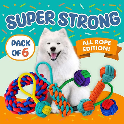 Tough Dog Rope Toys 6 PCS for Aggressive Chewers, Nearly Indestructible Chew Toy, Indoor Outdoor Play for Medium Large Breeds Teething Training