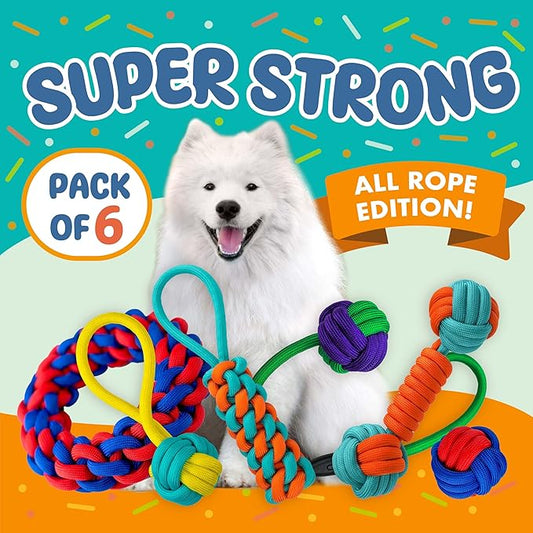 Tough Dog Rope Toys 6 PCS for Aggressive Chewers, Nearly Indestructible Chew Toy, Indoor Outdoor Play for Medium Large Breeds Teething Training