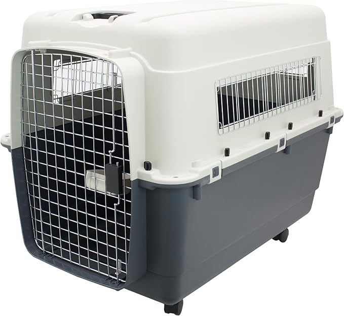SportPet Airline Compliant XXX-LARGE 44" Travel Dog Kennel-Durable Plastic Airline Pet Carrier w/Removable Wheels & Food Bowls, Collapsible Indoor/Outdoor Dog Kennel, Dogs up to 44"L & 33"H-Cream/Gray