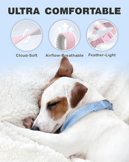 Dynmeow Soft and Breathable Cotton Dog Collar, Durable Adjustable Heavy-Duty Boy Pet Collar with Quick-Release Buckle, Lightweight for Sensitive Skin for Large Dogs, Light-Blue, L