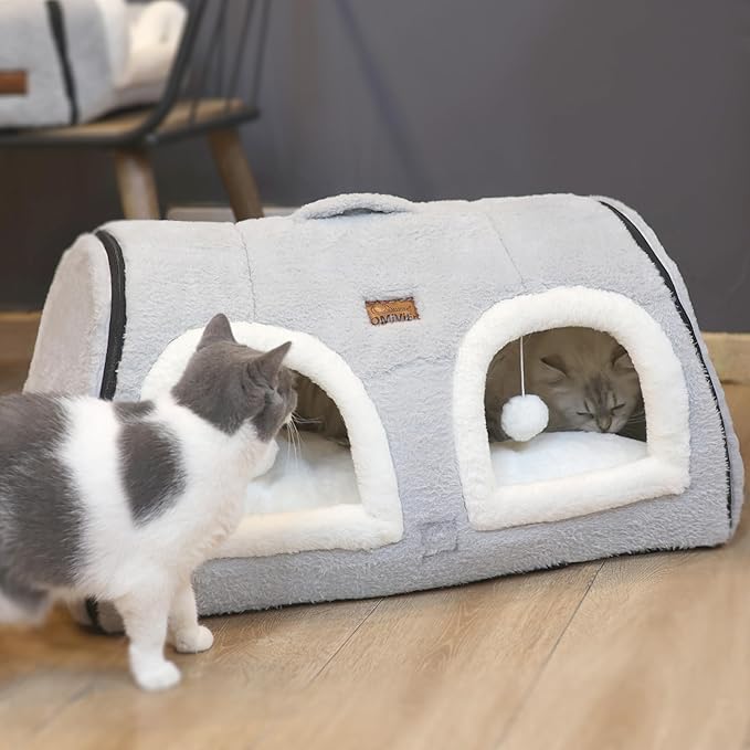 Cat Bed for Indoor Cats，Foldable cat cave，Anti-Slip & Water-Resistant Bottom，cat Houses for Indoor Cats or Small Dogs, Kitten Tent, Rabbit Double Hole Bed:(27.5"×15.3"×15"