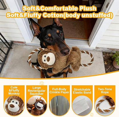 Monkey Plush Squeaky Dog Toy with Crinkle Paper Puppy Teething Chew Toy Cute Soft Funny Indoor Outdoor Interactive Tug of War Dog Rope Toy for Small Medium Large Dogs Toy Gift 39.5cm/15.55in