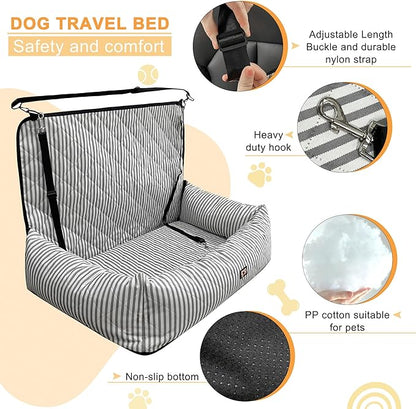 Dog Car Seat for Small/Medium Dogs, 2-in-1 Booster Seat & Pet Sofa Bed, Removable Washable Portable Car Travel Bed (Stripes-L-Grey)