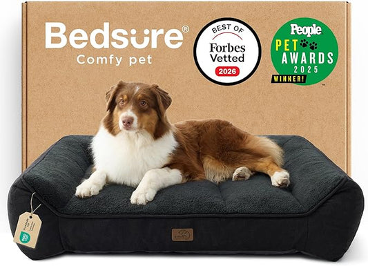Bedsure SupportMax™ Orthopedic Dog Beds Large Sized Dog - As Seen on TV Extra Thick Supportive Large Dogs Bed with Waterproof Washable Cover, L Plus Comfort Pet Sofa with Soft Sherpa, Black, 38"