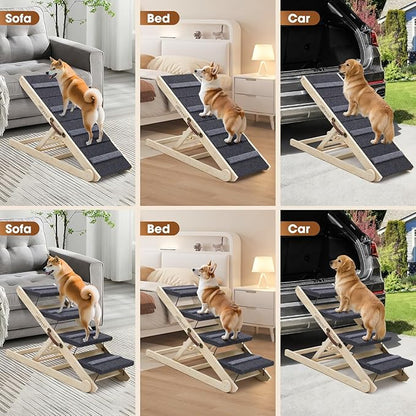 Dog Steps for Bed & Couch - 2-in-1 Dog Stairs/Ramp for Small to Large Breeds - 6 Adjustable Height from 12" to 24" - Folding Portable Wooden Ramp for Dogs to Get on Bed Couch Car Up to 200LBS