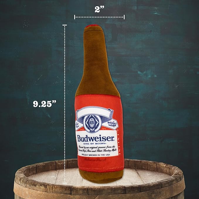 design LAB, Inc. Budweiser Beer Dog Toy | Official Merchandise Beer Bottle Squeaky Plush Toy for Dogs | 10 inch Small Novelty Dog Toys for Fun and Fetch