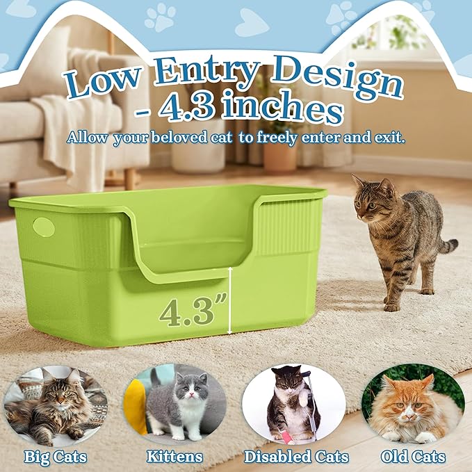 Low Entry Litter Box for Kittens & Senior Cat, High Sided Kitty Litter Boxes with Handle, Anti-Splash Plastic Large Litter Tray Pan for Big Cats, Easy to Clean, 19.6" L*13.7" W*8.6" H (Green)