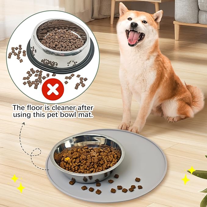 BNOSDM Silicone Cat Feeding Mat 2 Pack Dog Bowl Mats Pet Silicone Food Mat for Food and Water Nonslip Waterproof Feed Mats Round Eating Plate for Small and Medium Cats and Dogs (Light Gray)
