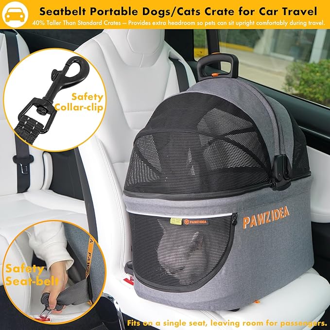 PAWZIDEA Portable Small Dog Crate for Car Travel up 33lbs, Enclosed Dog Car Seat Soft-Sided, Escape-Proof Reversible No-Zip Canopy, Foldable Pet Carrier Seatbelt for Small Medium Puppies & Cats Kennel