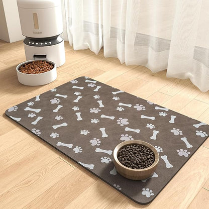 MontVoo Dog Food Mat-Pet Feeding Mat for Food and Water-No Stains Quick Dry Dispenser Cat Bowl Mat for Messy Drinkers(17"x28" Brown)