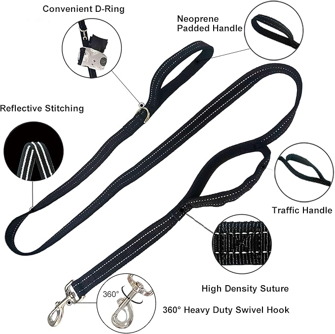 Dual Padded Handle Walking And Training Standard Leashes For Large Dogs With Reflective Stitching,360° Rotatable Heavy Duty Metal Buckle,D-Ring,Durable Nylon,6Ft Long For Big Dogs Over 70 Pounds Black