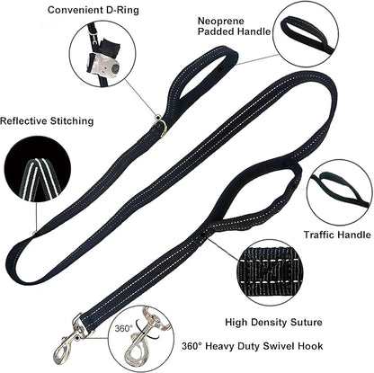 Dual Padded Handle Walking And Training Standard Leashes For Large Dogs With Reflective Stitching,360° Rotatable Heavy Duty Metal Buckle,D-Ring,Durable Nylon,6Ft Long For Big Dogs Over 70 Pounds Black