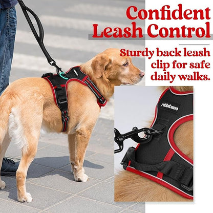 rabbitgoo Dog Harness No Pull with 2 Leash Clips, Adjustable Soft Padded, Reflective Oxford No Choke Pet Vest with Easy Control Handle for Large Dogs, Black & Red, L