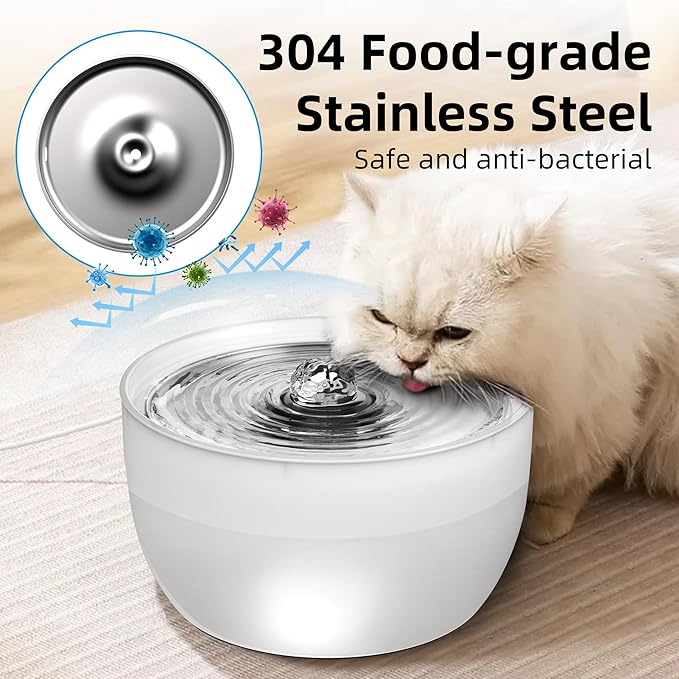 Casfuy W8 Stainless Steel Dog & Cat Water Fountain with LED Light, White, 102-fl oz