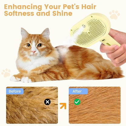 3 in 1 Cat Steam Brush, Pet Spray Hair Removal Comb for Shedding & Grooming, Water Brush for Cats Dogs Small Animals Long Short Haired with One-Click Release Button(Yellow)