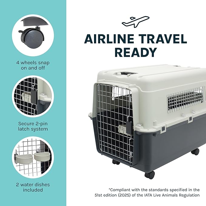 SportPet Airline Compliant X-LARGE 32.25" Travel Dog Kennel-Durable Plastic Airline Pet Carrier w/Removable Wheels & Food Bowls, Collapsible Indoor/Outdoor Dog Kennel, Dog up to 32"L & 23"H-Cream/Gray