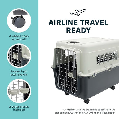 SportPet Airline Compliant X-LARGE 32.25" Travel Dog Kennel-Durable Plastic Airline Pet Carrier w/Removable Wheels & Food Bowls, Collapsible Indoor/Outdoor Dog Kennel, Dog up to 32"L & 23"H-Cream/Gray