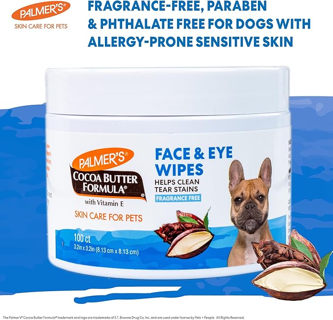 Palmer’s for Pets Face and Eye Dog Wipes with Cocoa Butter, Gentle Tear Stain and Facial Cleaning Wipes for Sensitive Areas and Daily Grooming Care, Unscented, 100 Count
