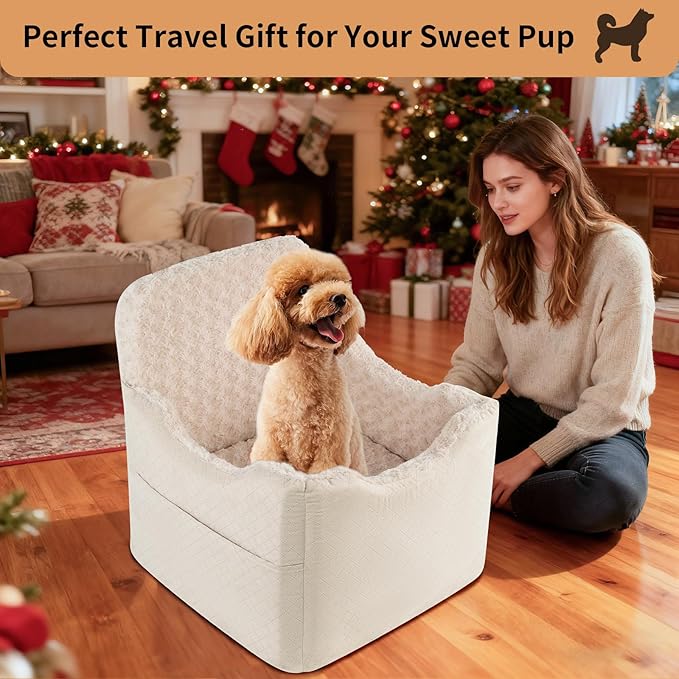 Dog Car Seat for Small Medium Dogs - 6.7inch Elevated Dog Booster Car Seats with Deluxe Rose Plush, Washable Safety Pet Carseat Travel Bed with 2 Safety Belts and Storage Pockets(Beige)