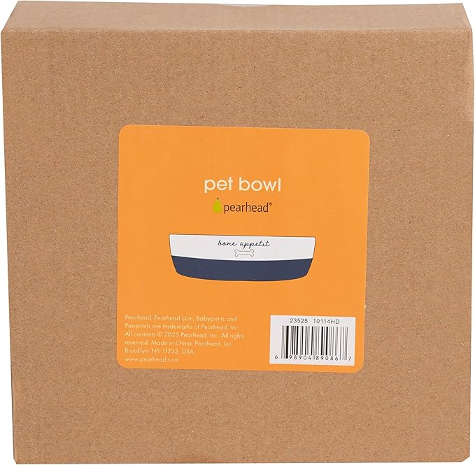 Pearhead Ceramic Dog Bowl – White & Navy “Bone Appétit” Design, Stoneware Pet Dish, Non-Skid Feeding Bowl, Small/Medium 2.25 Cups/ 18 oz