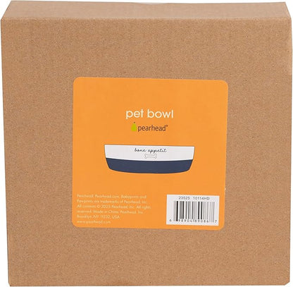 Pearhead Ceramic Dog Bowl – White & Navy “Bone Appétit” Design, Stoneware Pet Dish, Non-Skid Feeding Bowl, Small/Medium 2.25 Cups/ 18 oz