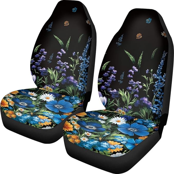 Sunflowers Daisy Car Seat Covers Front Seats Only for Women Blue Flowers Front Bucket Seat Accessory Interior Decoration Universal Fit for Most Vehicles