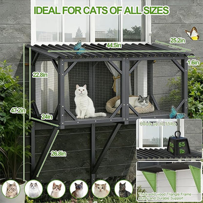 Cat Window Box Catio Outdoor Pet Patio with Bug Proof Net for Sunbathing, Napping＆Bird Watching Cat Outside Enclosure no Drill Window Perch for Indoor Cats for Apartments, Grey/White (Grey)
