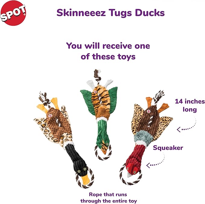 SPOT Ducks Mini Skinneeez Tugs Stuffingless Dog Toy, 14", 1Piece/ Style May Vary, Assorted (54181) (Pack of 2)