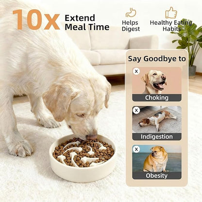 Ceramic Slow Feeder Dog Bowls Large Breed, 2 Cups Slow Eating Dog Bowl, Anti-Gulping Pet Food Bowl Reduce Choking, Heavy Puzzle Maze Design Pet Dishes for Fast Eaters, 8.3 inch - Beige