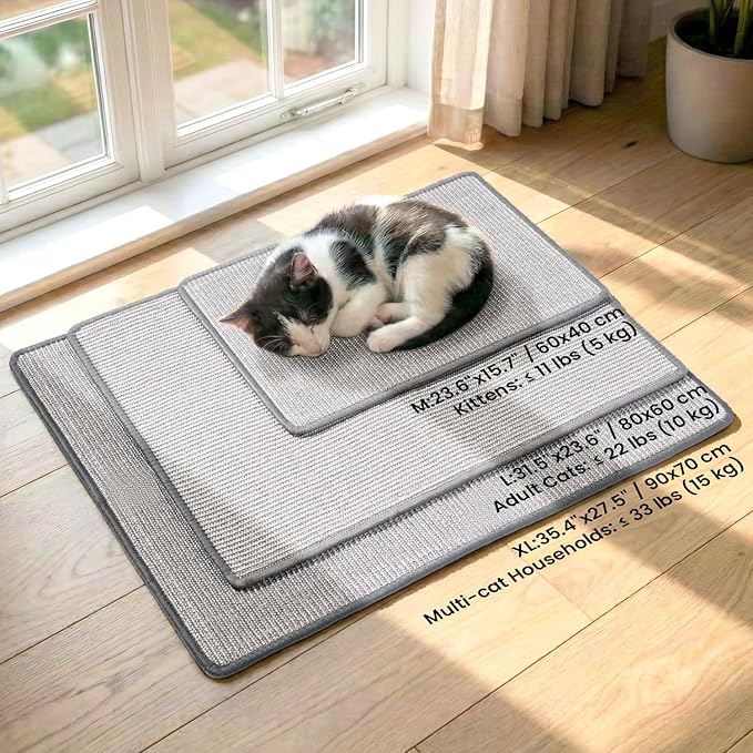 Cat Scratcher Mat,Natural Sisal Cat Scratch Pad with Hook&Loop Tape,Horizontal Floor Kitty Scratching Pads Rug for Indoor, Furniture Protector for Couch&Carpets&Sofas, Large, Grey, 2 Pack