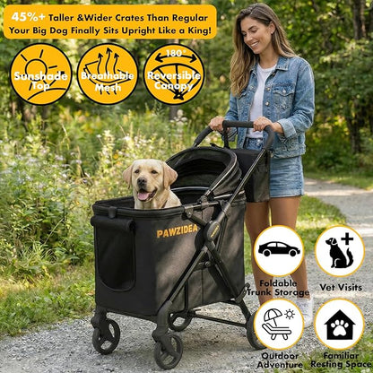 PAWZIDEA Large Dog Stroller up to 80 lbs, No-Zip 180° Reversible Canopy Lockable, Lightweight Pet Stroller for 2 Medium Dogs, One-Hand Foldable, Low-Entry, All-Terrain Jogger Wheels, Storage Organizer