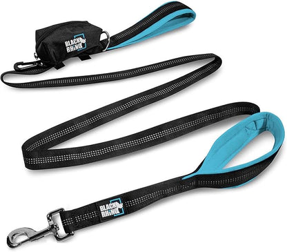 Black Rhino Heavy Duty Dog Leash for Medium and Large Dogs - 6 ft Long Double Handle Leash with Padded Traffic Control Handles and Bag - Reflective, Durable, and Weather Resistant (Sport Blue)