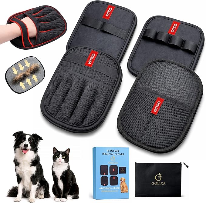 4 Pack Pet Hair Removal Glove for Dogs & Cats, 4 Designs Electrostatic Magic Brush Pet Hair Remover, Reusable Dog Hair Remover, Washable Pet Grooming Tools for Carpet, Sofa, Clothes & Car Seats