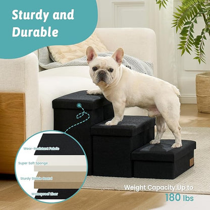 Dog Stairs with Storage, 4-Step Wider Sturdy Dog Steps for Small/Medium/Large Dogs and Older Cats, Folding Doggie Ramp for Bed/Couch/Car Hold Up to 180 lbs (22" H, Black)