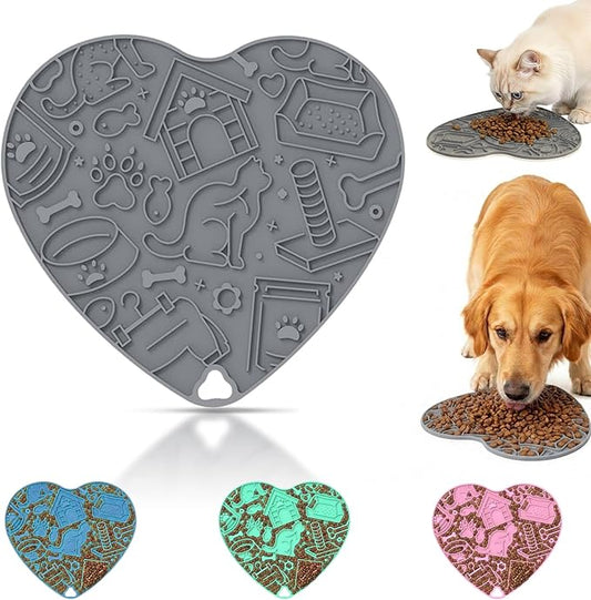 Silicone Slow Feeder Dog & Cat Bowl – Heart Shape Anti-Slip Puzzle Feeding Bowl for Slow Eating, Bloat & Digestion Control – Interactive Pet Enrichment Bowl (Grey)