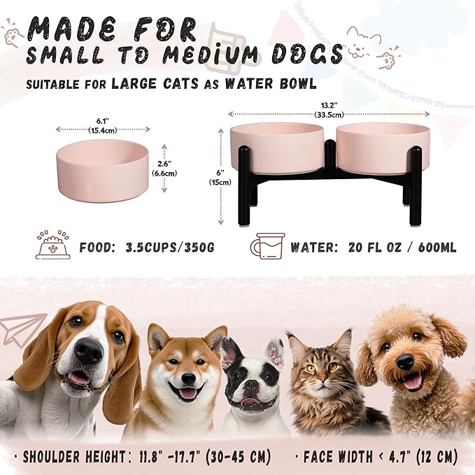 Ceramic Elevated Dog Bowl Set - Dog Feeder Station with Cute-Style Double Bowls for Small and Medium Size Breed - Non-Slip Raised Dish for Food and Water Feeding- 6 Inch - 3.5 Cups / 20 fl oz - Pink