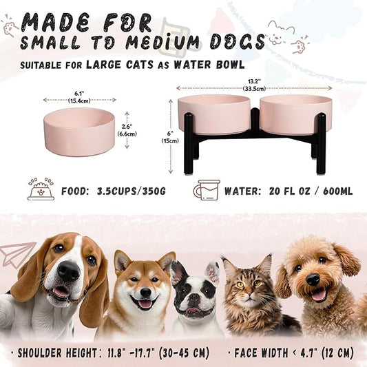 Ceramic Elevated Dog Bowl Set - Dog Feeder Station with Cute-Style Double Bowls for Small and Medium Size Breed - Non-Slip Raised Dish for Food and Water Feeding- 6 Inch - 3.5 Cups / 20 fl oz - Pink