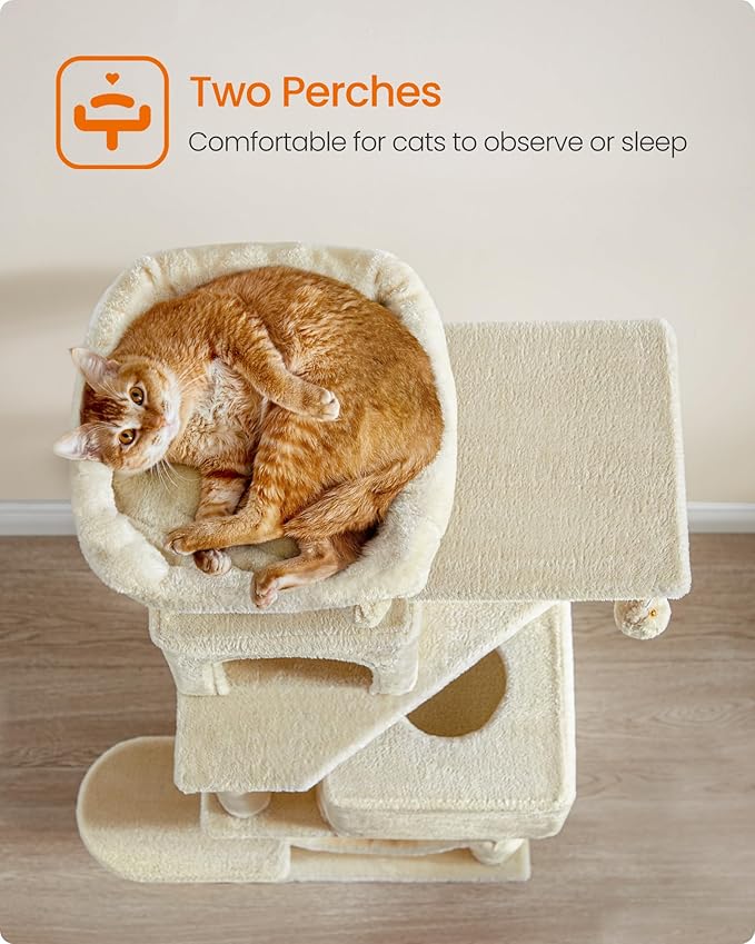 Feandrea Cat Tree, 59.5-Inch Tall Cat Tower, Plush Multi-Level Condo with 5 Scratching Posts, 2 Perches, 2 Caves, Hammock, 2 Pompoms, Beige UPCT192M01