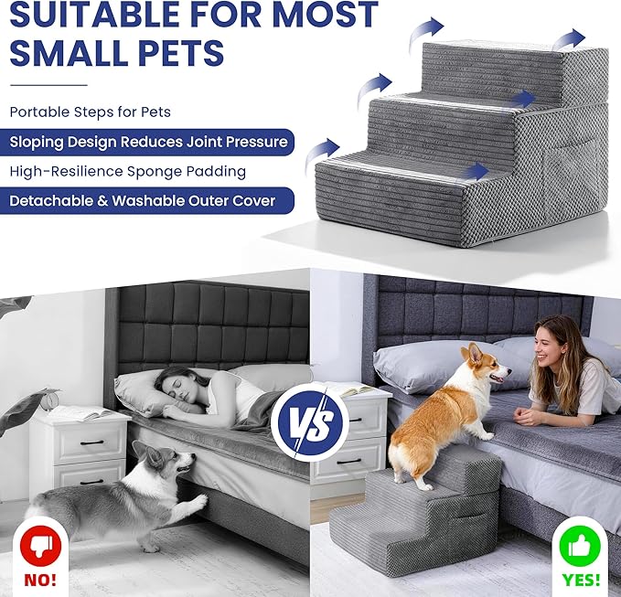 Dog Stairs for Small Dogs, 3-Step Dog Ramp for Bed 13.7" H, Dogs Steps for Bed, Couch, Pet Stairs with Non-Slip Bottom Design,High Density Foam Portable Pet Steps, Grey