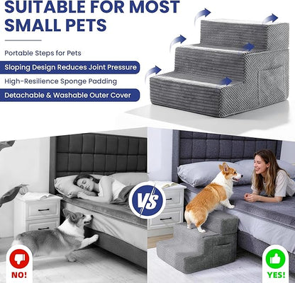 Dog Stairs for Small Dogs, 3-Step Dog Ramp for Bed 13.7" H, Dogs Steps for Bed, Couch, Pet Stairs with Non-Slip Bottom Design,High Density Foam Portable Pet Steps, Grey
