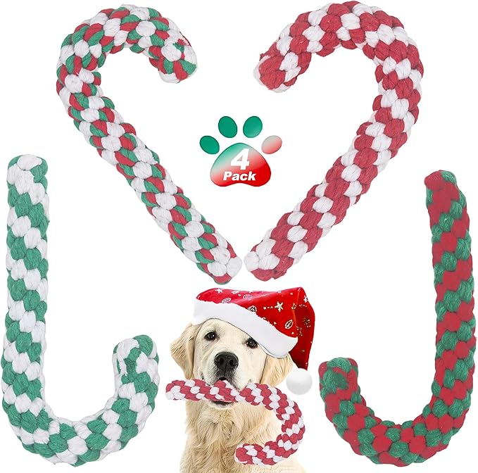 Christmas Dog Rope Toys, Christmas Cane Candy Rope Toy, 4 Packs Dog Interactive Chewing Toys for Puppy Small Medium Dogs Training Playing Teething Cleaning, for Dogs