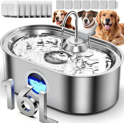 4.2Gal Dog Water Fountain for Large Dogs, 16L Stainless Steel Dog Fountain Water Bowl with Multi-Filtration & Deeper Drinking Tray, Extra Large Pet Water Fountain with Water Window(with 7 Filters)