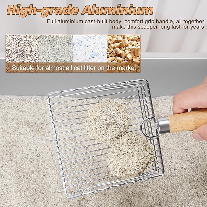 Metal Cat Litter Scoop with Holder, Poop Scooper with Stand and 2 Rolls of Garbage Bags, Heavy Duty Stainless Steel Shovel with Wooden, Quick Sifter for Easy Cleaning