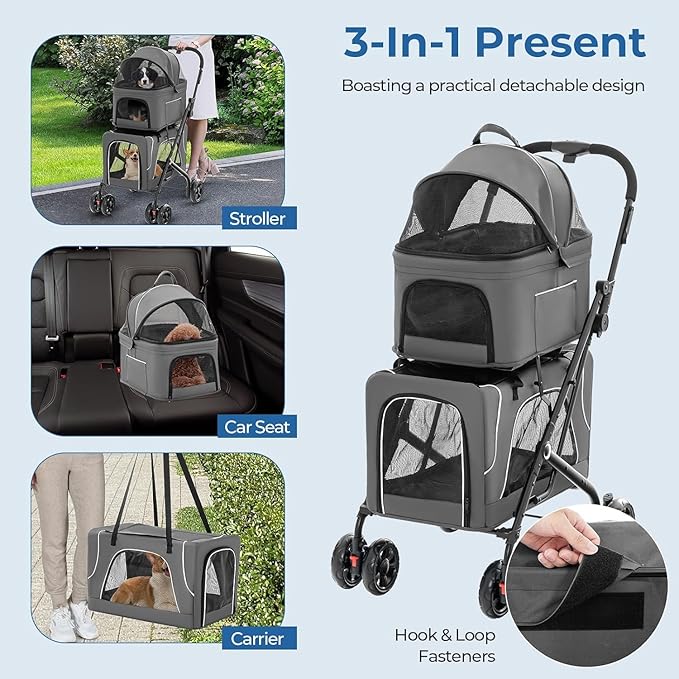 Double Dog Stroller, Foldable 3-in-1 Cat Strollers with 2 Detachable Carriers, Safety Belt, Washable Cover, Removable Pads, 4 Wheels Travel Pet Stroller for Small Medium Dogs(Grey)