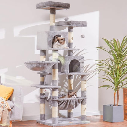 Heybly Cat Tree, 70 inches Tall Cat Tower Condo with Toy for Indoor Large Cats, Cat House Furniture with Padded Plush Perch, Cozy Hammock and Sisal Scratching Posts, Light Gray HCT032W