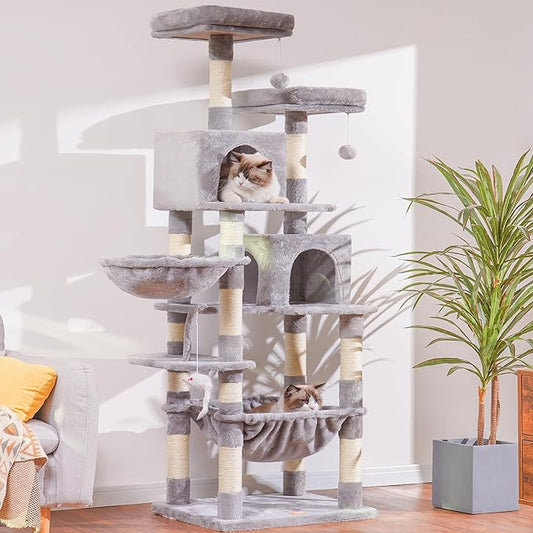 Heybly Cat Tree, 70 inches Tall Cat Tower Condo with Toy for Indoor Large Cats, Cat House Furniture with Padded Plush Perch, Cozy Hammock and Sisal Scratching Posts, Light Gray HCT032W