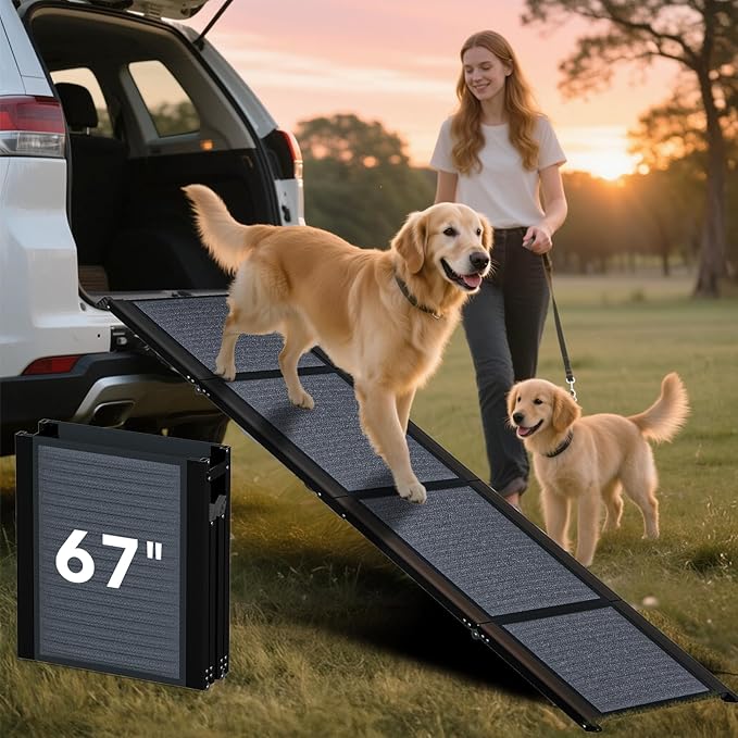 HBTower 67" Long & 17.3" Wide Folding Dog Ramp for Car, SUV & Truck – Portable Pet Ramp with Non-Slip Surface, Extra Wide Steps for Large Dogs Up to 250LBS