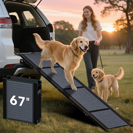 HBTower 67" Long & 17.3" Wide Folding Dog Ramp for Car, SUV & Truck – Portable Pet Ramp with Non-Slip Surface, Extra Wide Steps for Large Dogs Up to 250LBS